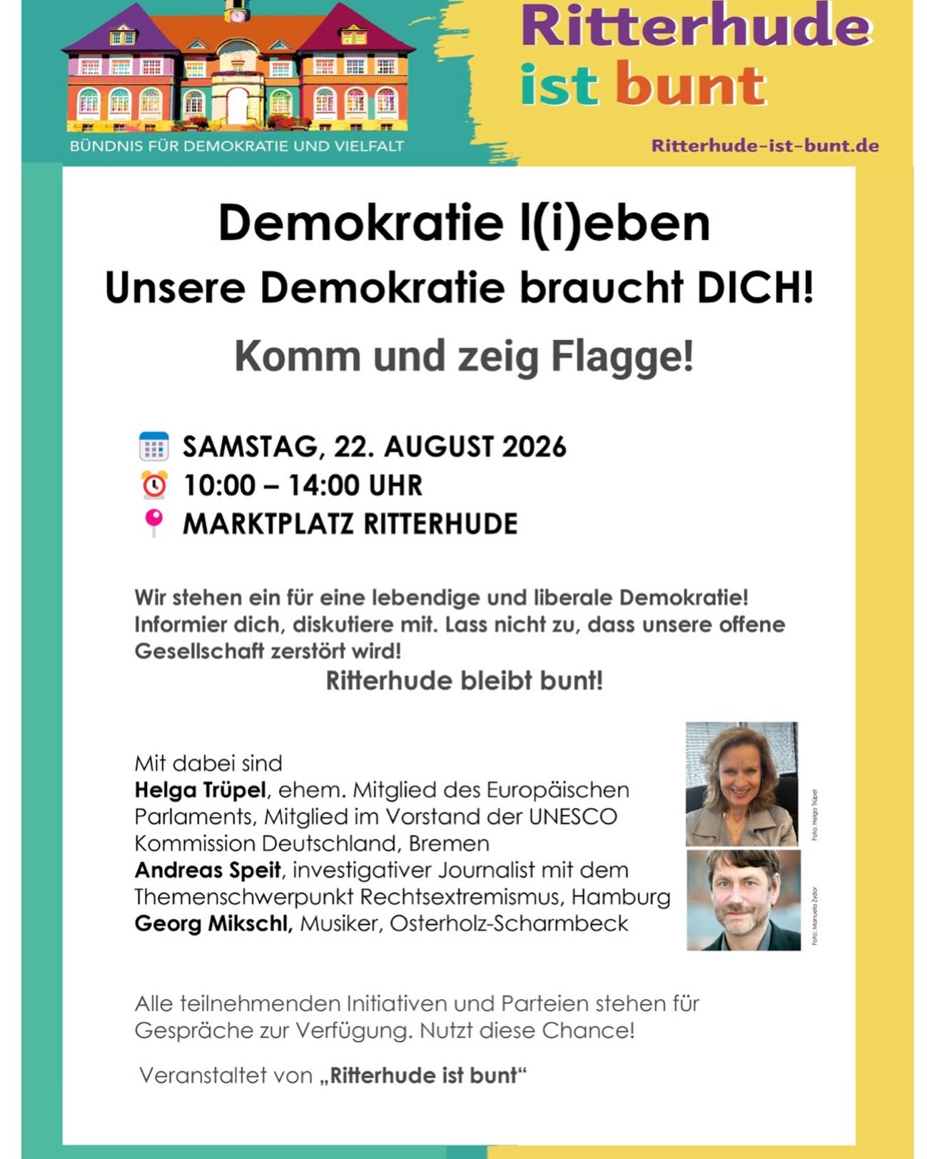 Auch wir präsentieren uns an diesem Termin auf dem Marktplatz. Es wäre schön, wenn ihr dabei wärt.
Treffen auf dem Marktplatz in Ritterhude am 22.August von 10 - 14 Uhr. Wir freuen uns auf euch.
#grüne #wahl #ritterhude #cdu #spd