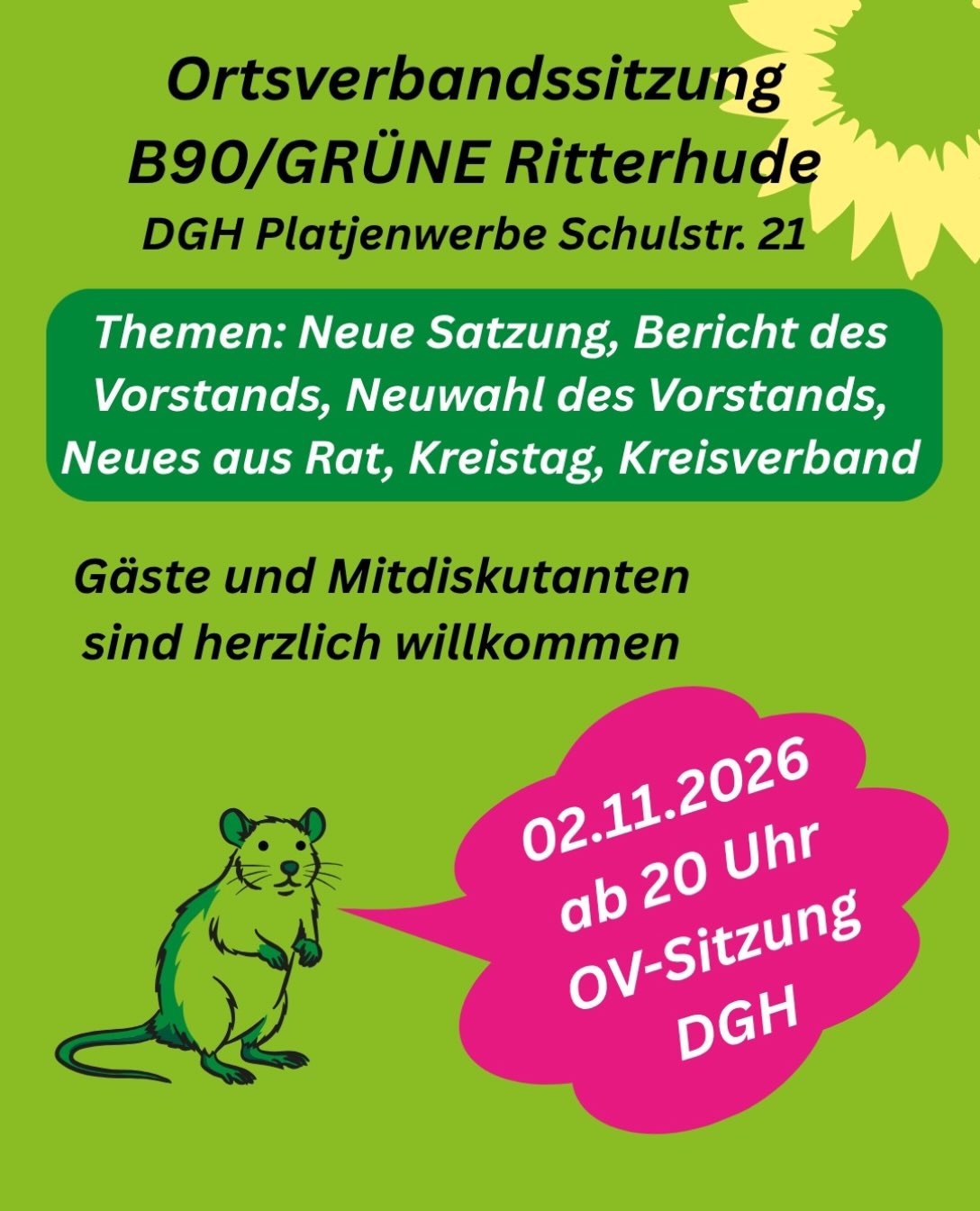 Regelmäßig treffen wir uns im öffentlichen Raum, um zu diskutieren und manchmal auch um Formalien abzuarbeiten. Zu unseren Sitzungen können Interessierte immer teilnehmen, denn der Kontakt ist wichtig.
#gruene #ritterhude #platjenwerbe